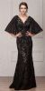 V-Neck Floral Lace Sheer Cape Long MOB Gown in Black